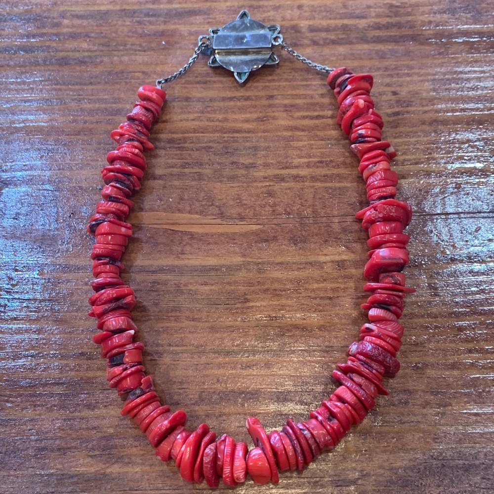 Red Coral with Turquoise Clasp Navajo Necklace - Picture 9 of 17